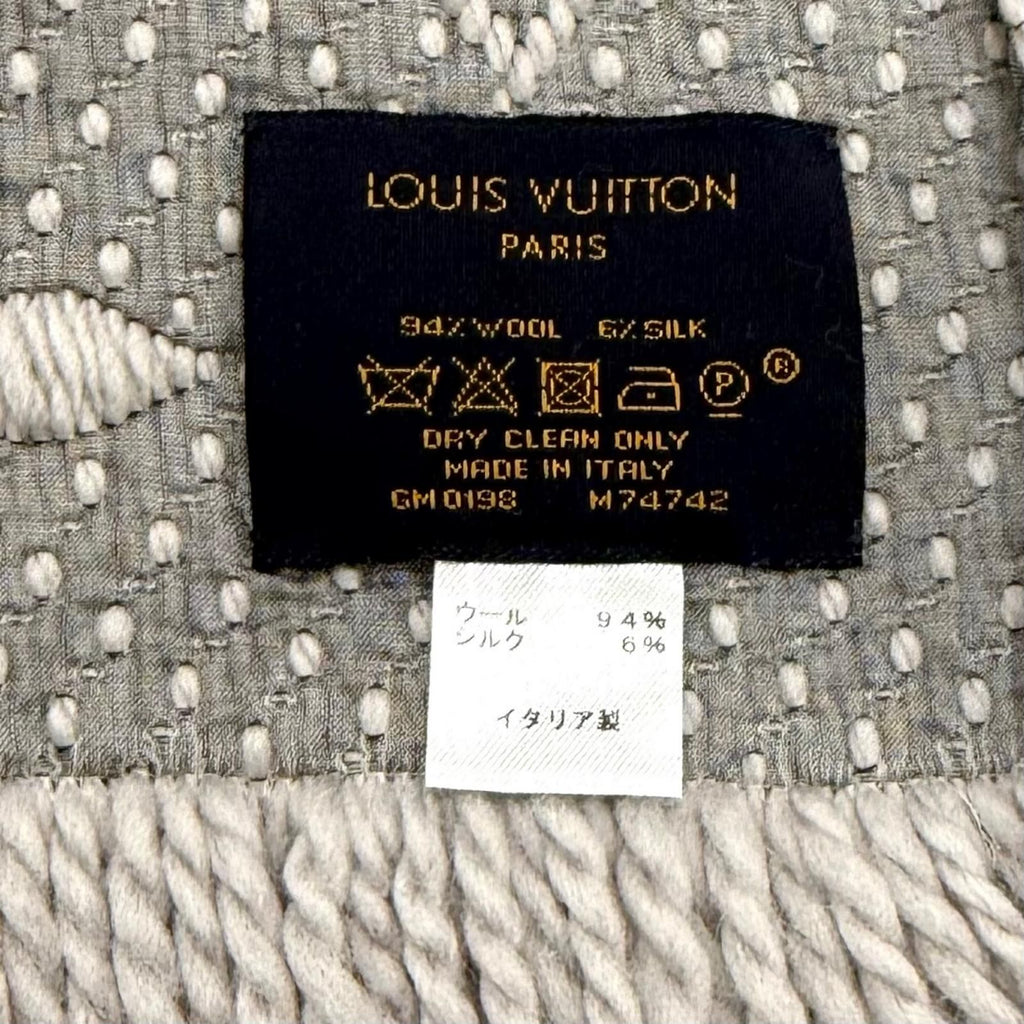 Louis Vuitton Logomania Scarf Wool Silk Blend Gray Perlee Fringe — view 6