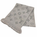 Louis Vuitton Logomania Scarf Wool Silk Blend Gray Perlee Fringe