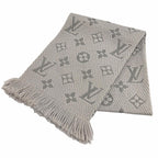 Louis Vuitton Logomania Scarf Wool Silk Blend Gray Perlee Fringe