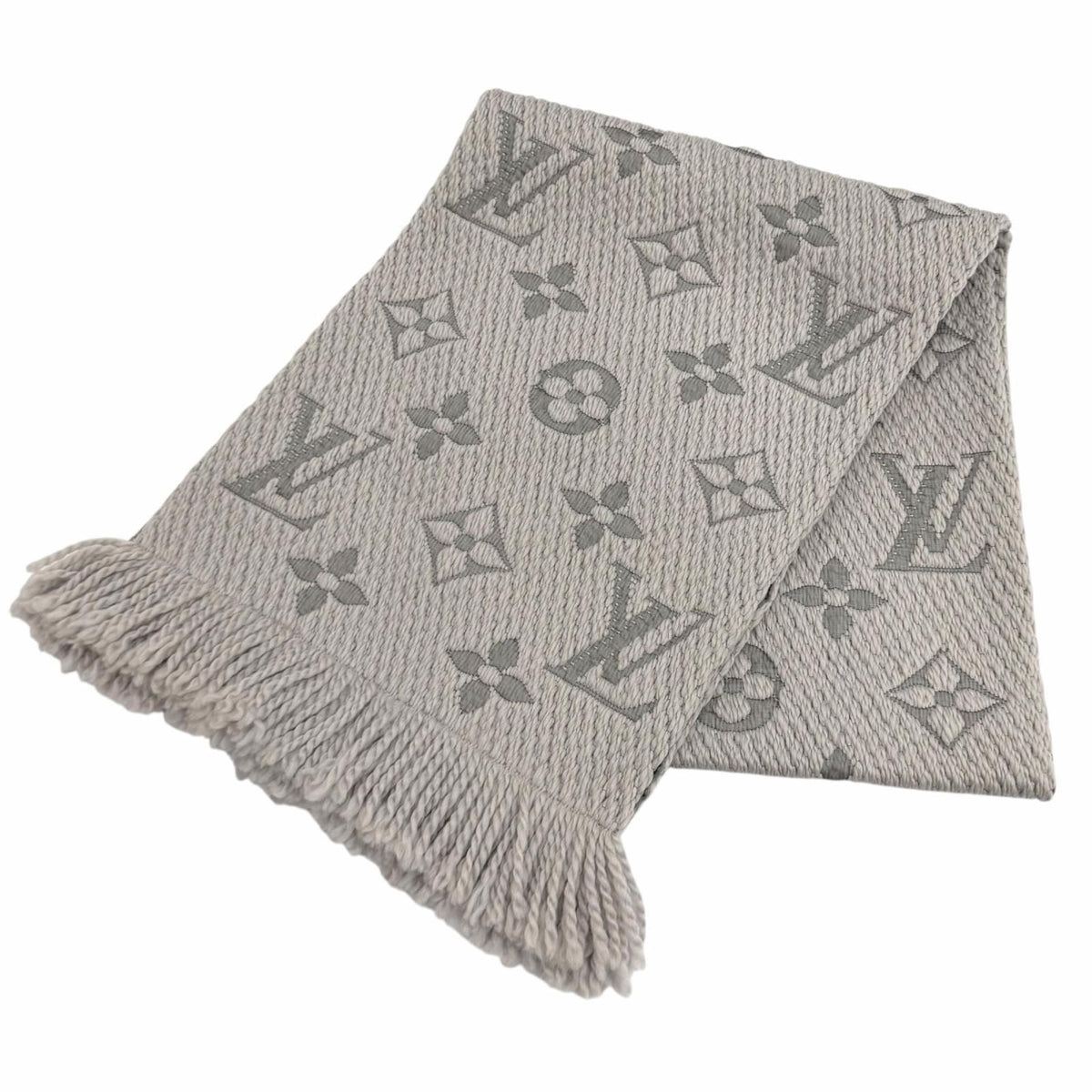 Louis Vuitton Logomania Scarf Wool Silk Blend Gray Perlee Fringe