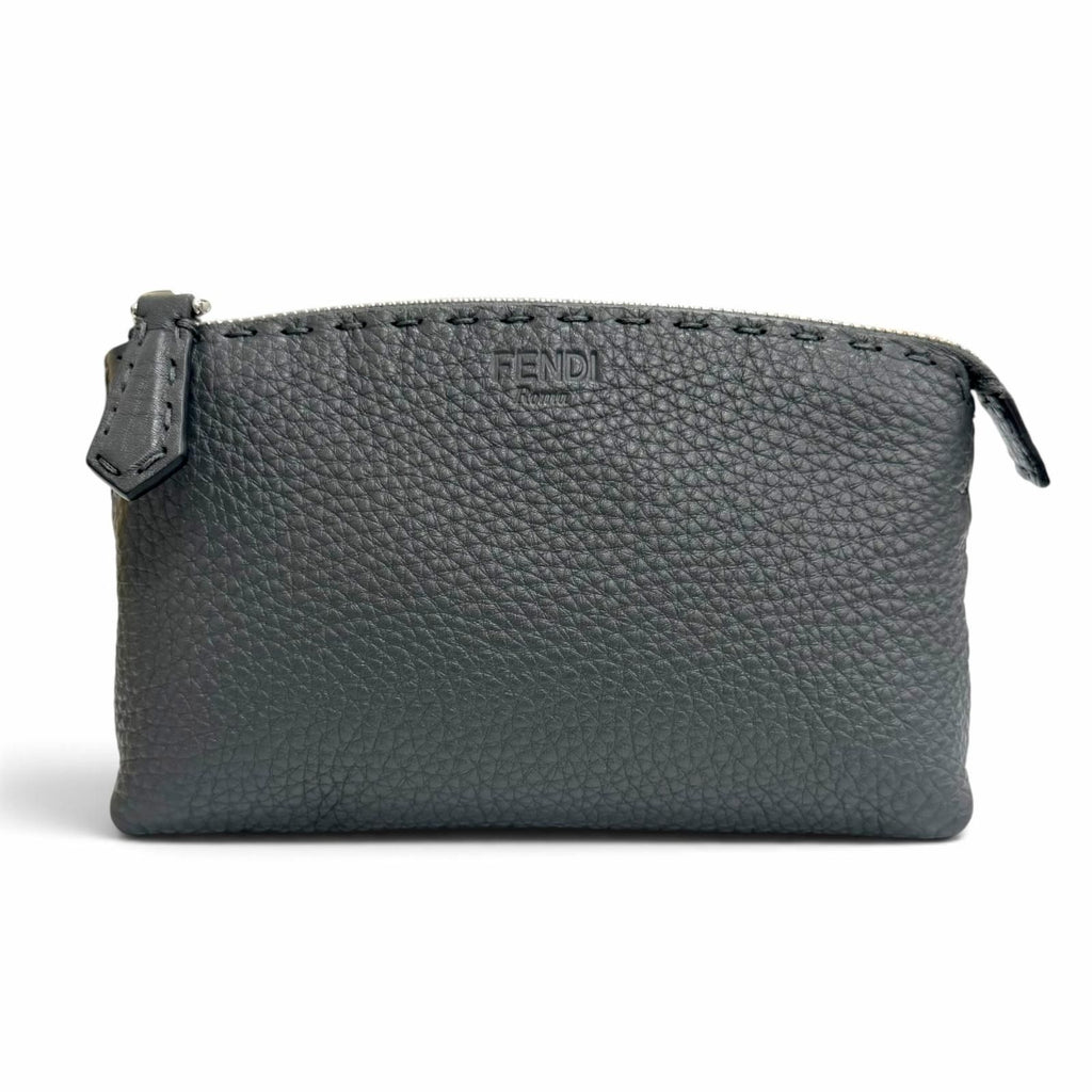 Fendi Selleria Logo Leather Pouch Makeup Dark Gray Silver
