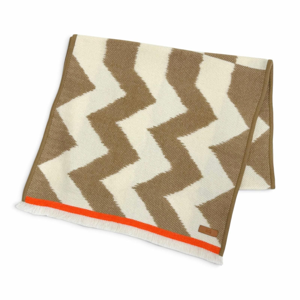 Hermes Ikat Electro Cashmere 100% Fringe Shawl Scarf Brown Ivory Orange