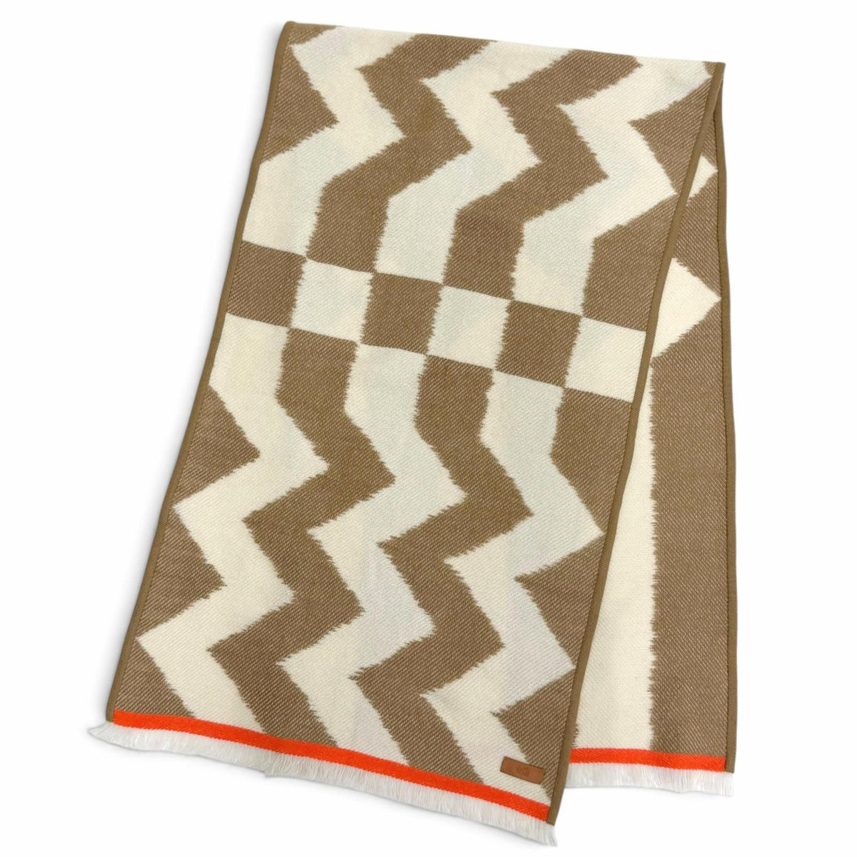 Hermes Ikat Electro Cashmere 100% Fringe Shawl Scarf Brown Ivory Orange — view 3