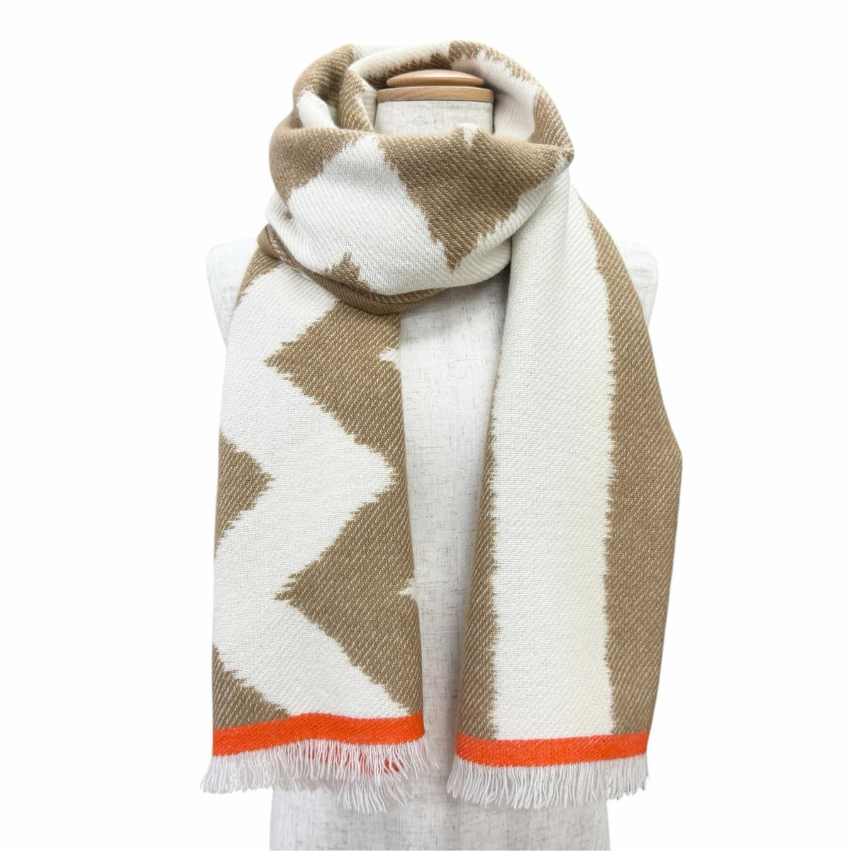 Hermes Ikat Electro Cashmere 100% Fringe Shawl Scarf Brown Ivory Orange — view 2