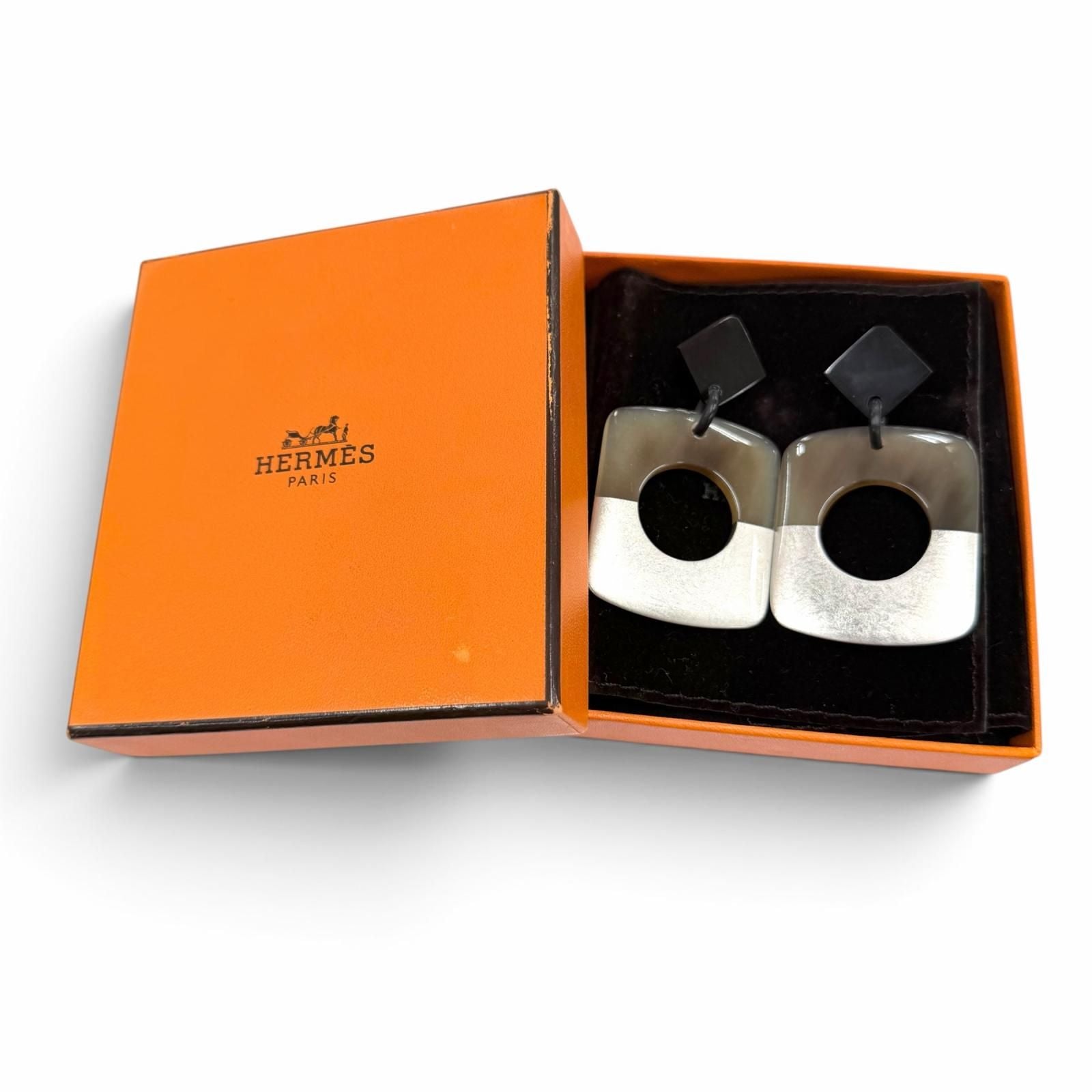 Hermes Buffalo Horn Sellier Post Earrings Beige Silver Dark Brown — view 2
