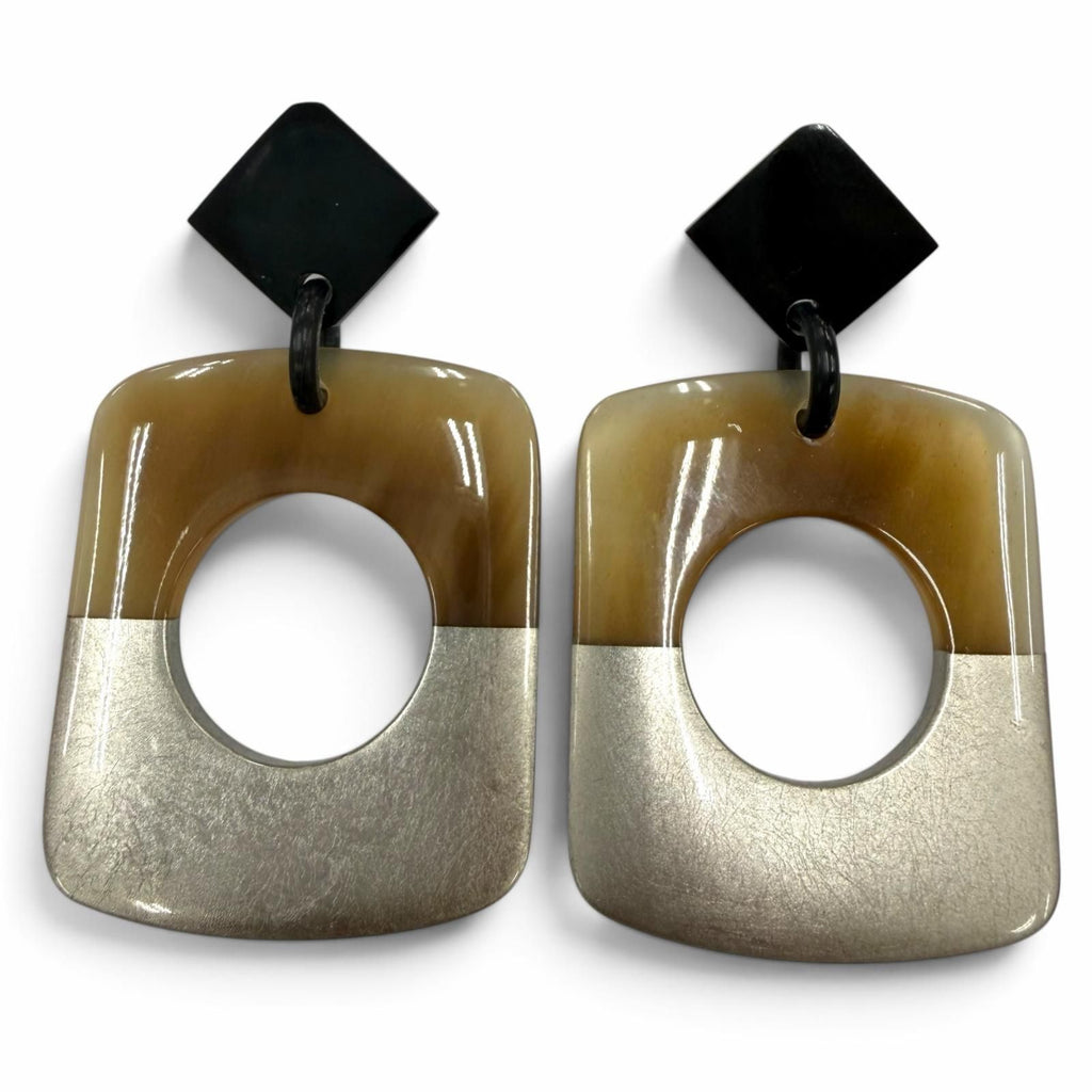 Hermes Buffalo Horn Sellier Post Earrings Beige Silver Dark Brown