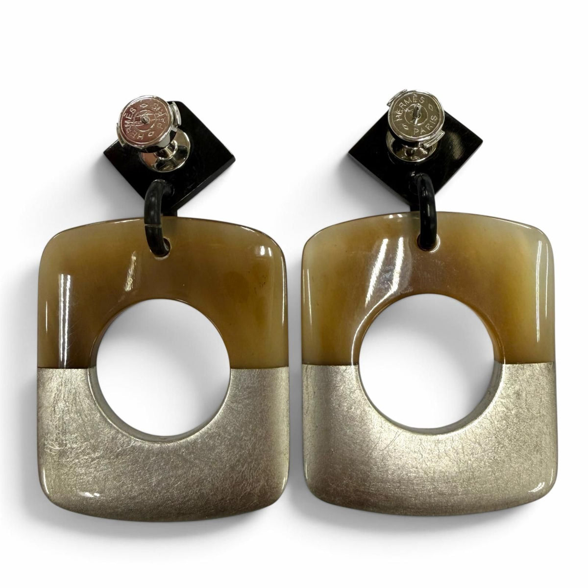 Hermes Buffalo Horn Sellier Post Earrings Beige Silver Dark Brown — view 4