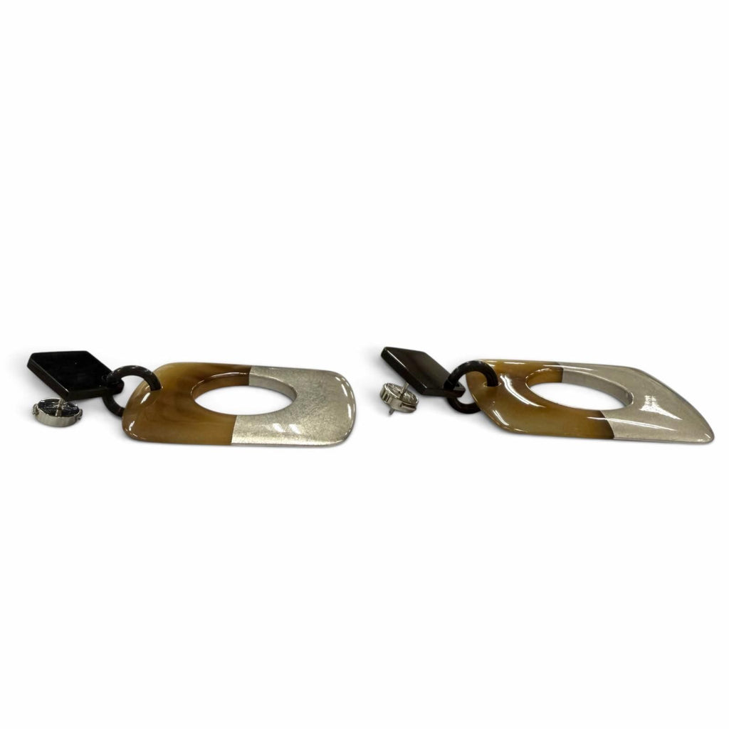 Hermes Buffalo Horn Sellier Post Earrings Beige Silver Dark Brown — view 3