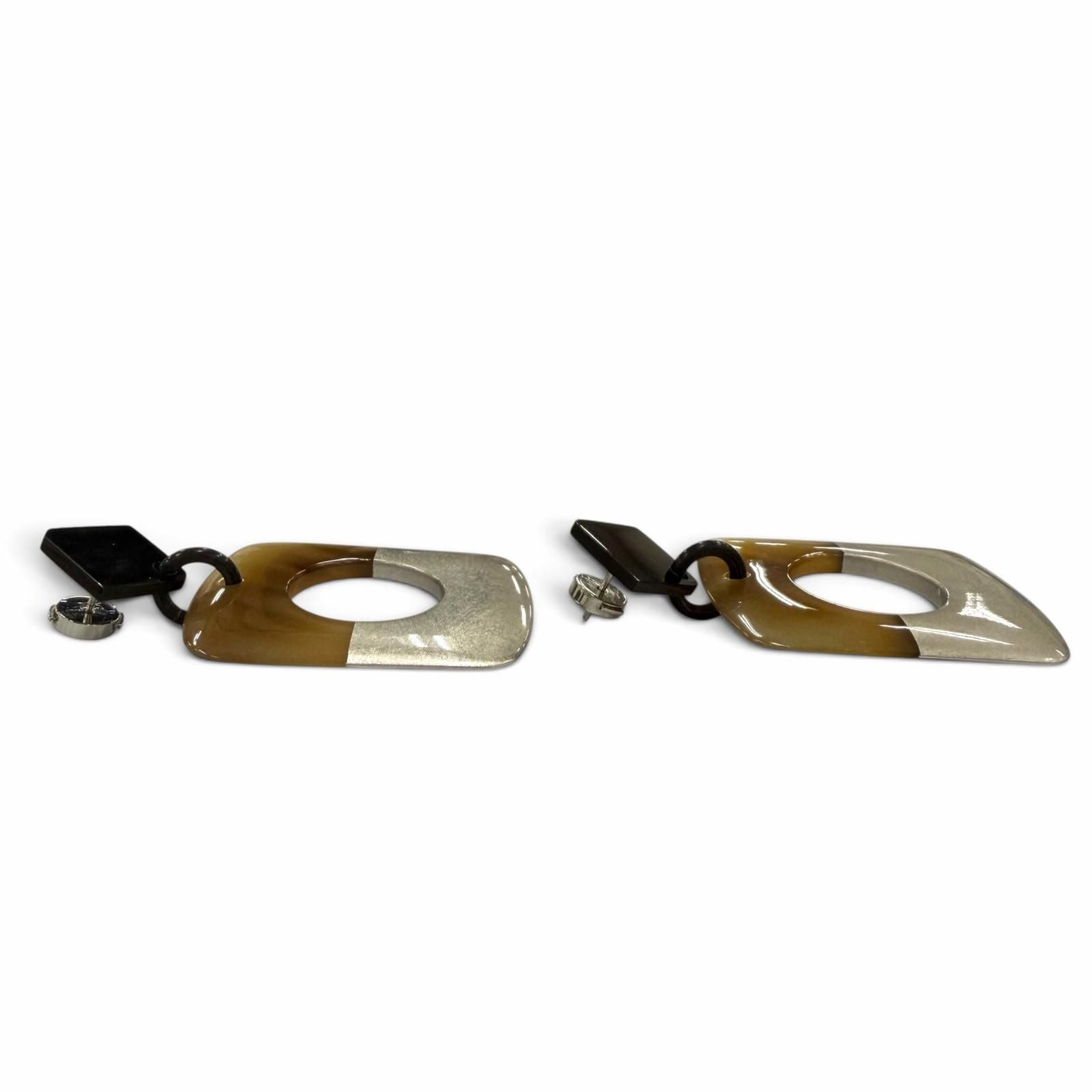 Hermes Buffalo Horn Sellier Post Earrings Beige Silver Dark Brown — view 3