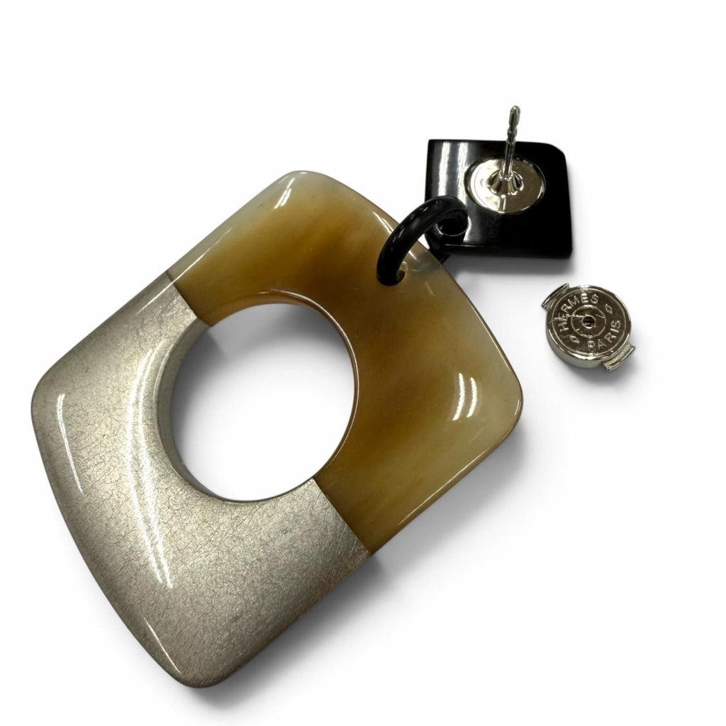 Hermes Buffalo Horn Sellier Post Earrings Beige Silver Dark Brown — view 5