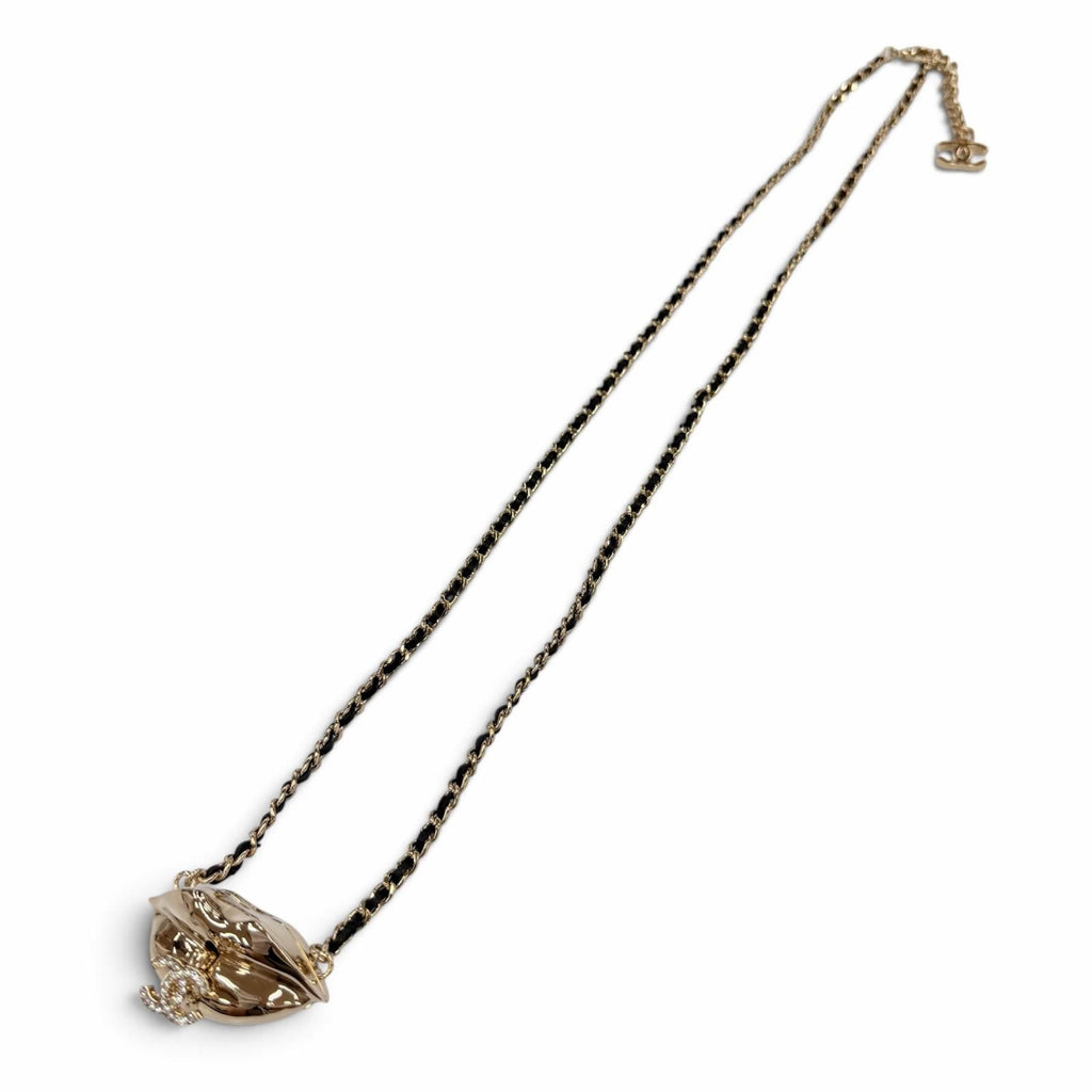 Chanel CC Logo Lip Motif Rhinestone Mirror Chain Necklace Gold Black — view 5
