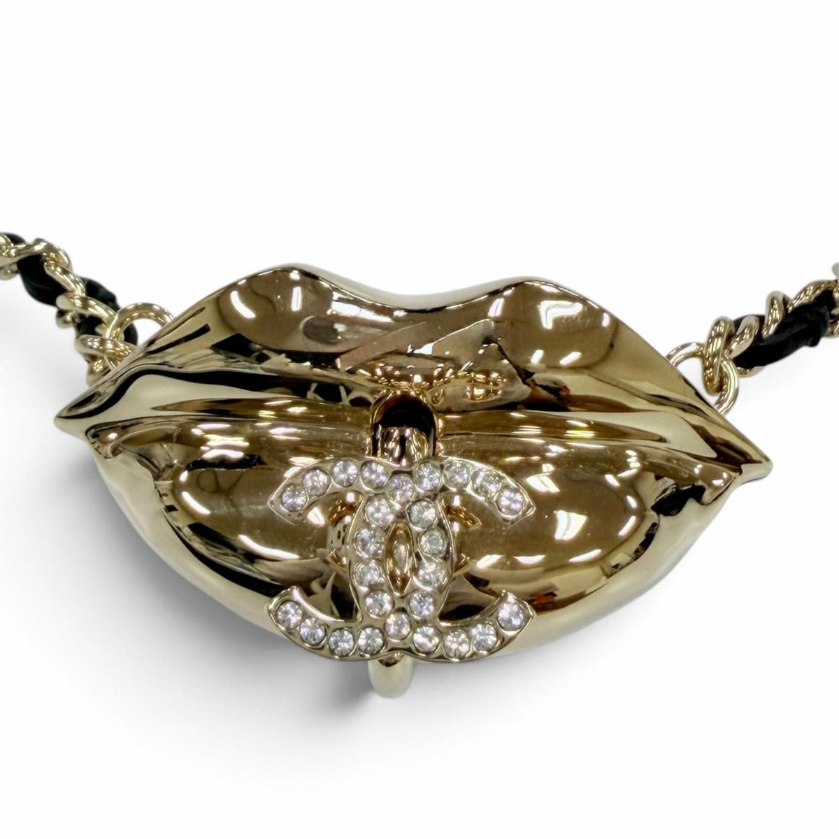 Chanel CC Logo Lip Motif Rhinestone Mirror Chain Necklace Gold Black