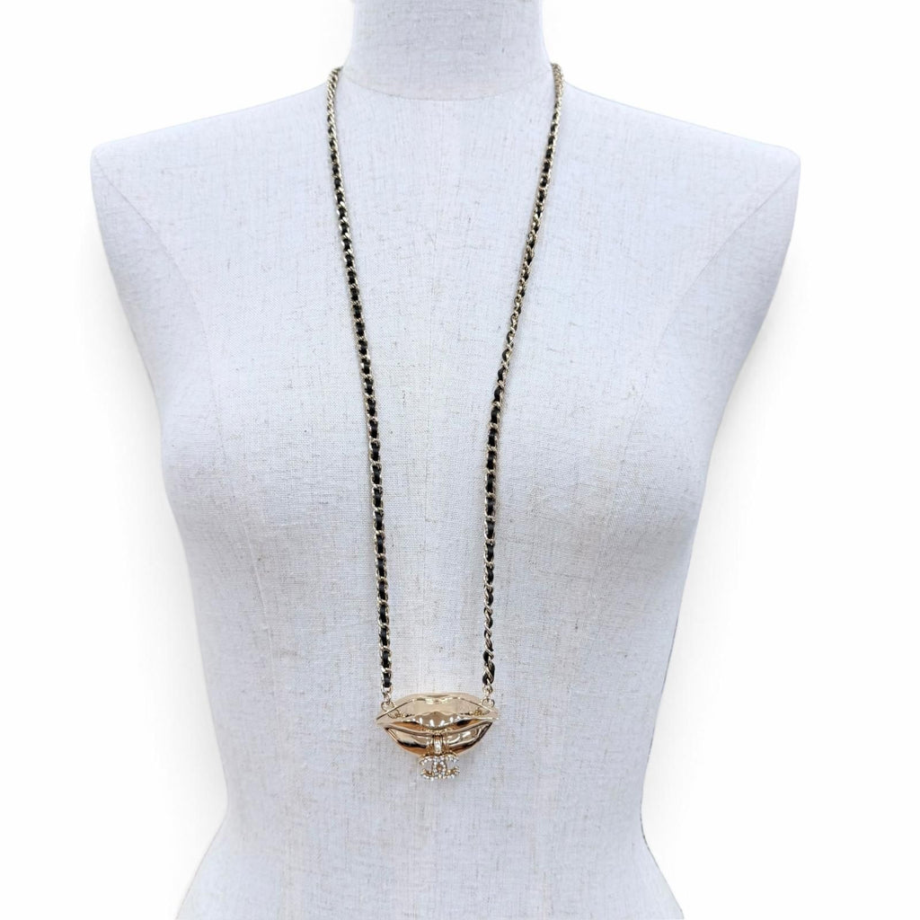 Chanel CC Logo Lip Motif Rhinestone Mirror Chain Necklace Gold Black — view 3