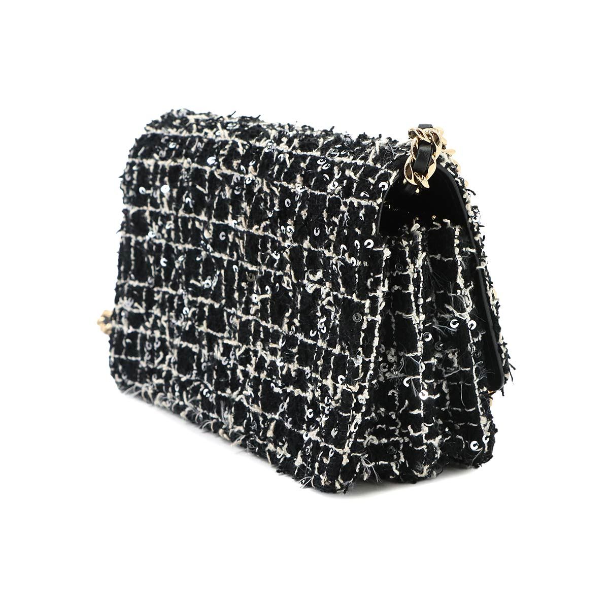Chanel Quilted Chain Wallet Tweed Leather Sequin Black Gold Shoulder Bag — view 3