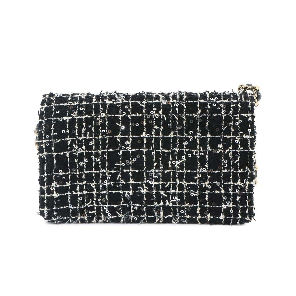 Chanel Quilted Chain Wallet Tweed Leather Sequin Black Gold Shoulder Bag — view 2