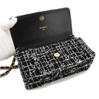 Chanel Quilted Chain Wallet Tweed Leather Sequin Black Gold Shoulder Bag — view 6