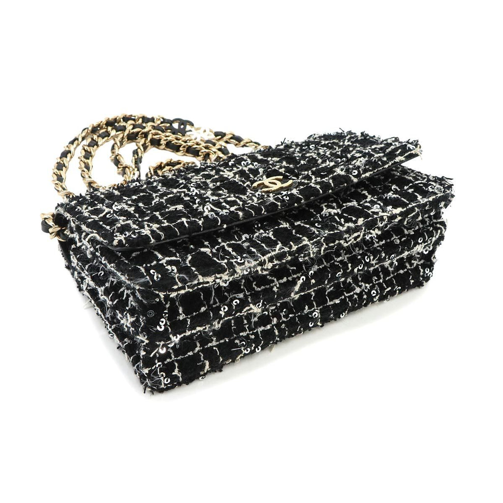 Chanel Quilted Chain Wallet Tweed Leather Sequin Black Gold Shoulder Bag — view 4