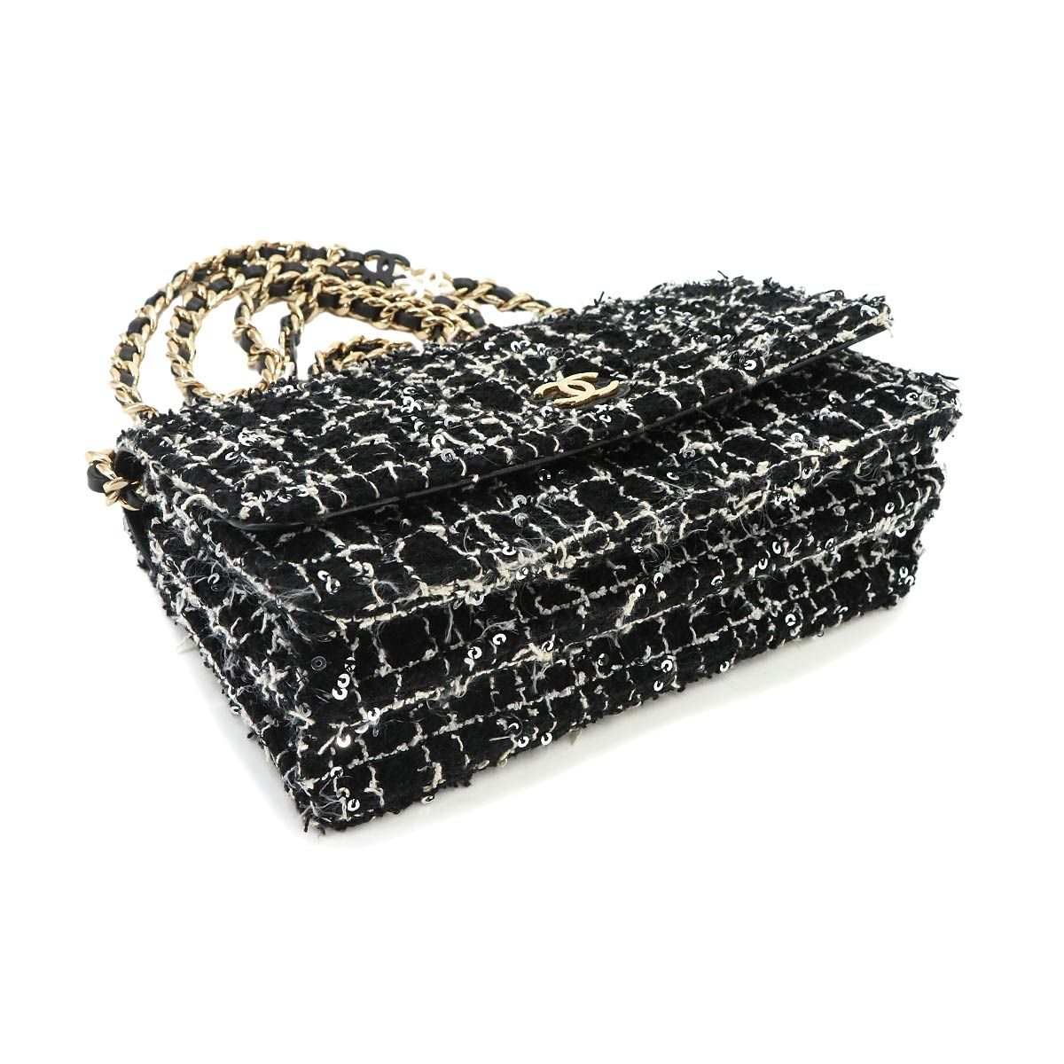 Chanel Quilted Chain Wallet Tweed Leather Sequin Black Gold Shoulder Bag — view 4