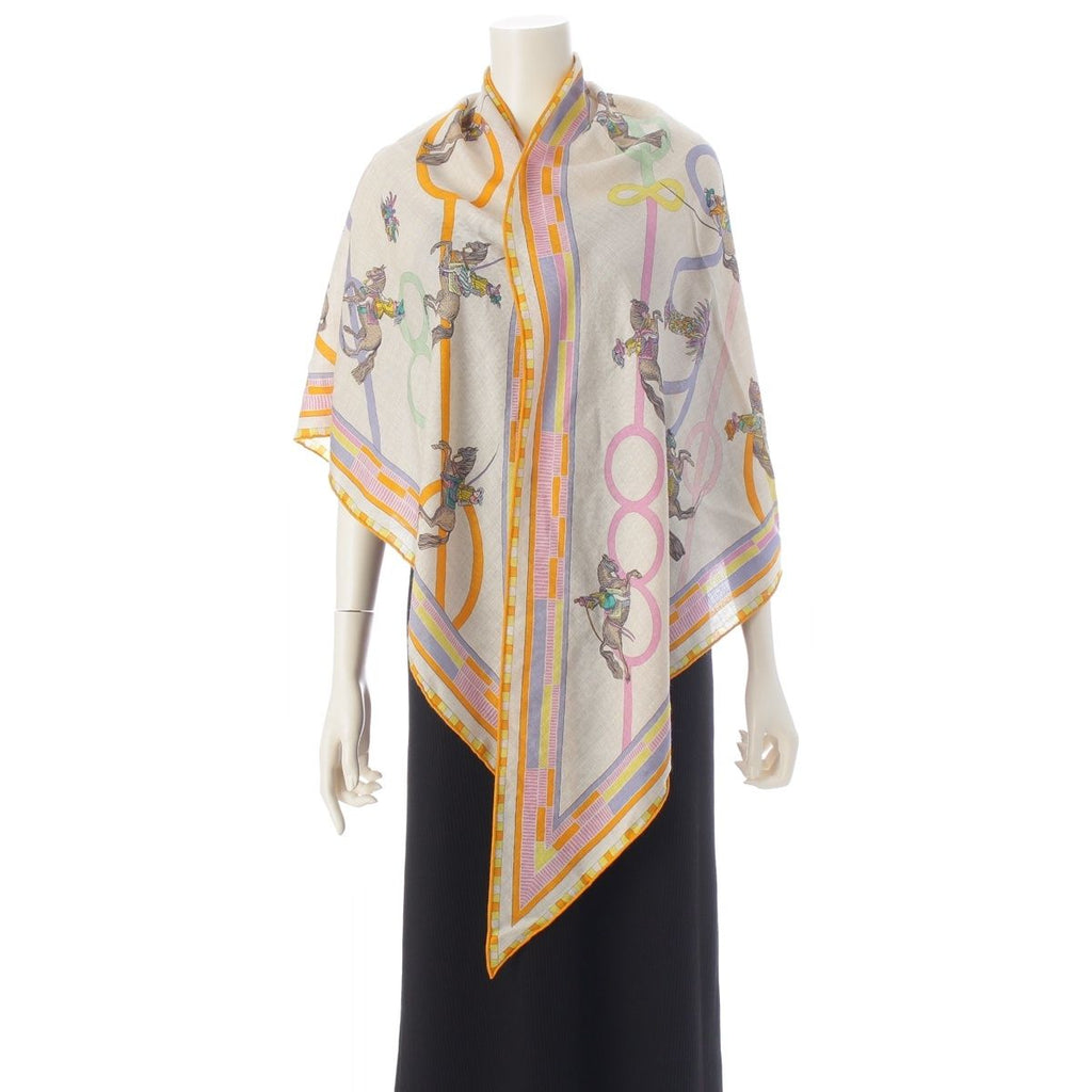 Hermes Triangle Geant Cashmere Silk Passades Et Serpentines Shawl Orange Beige