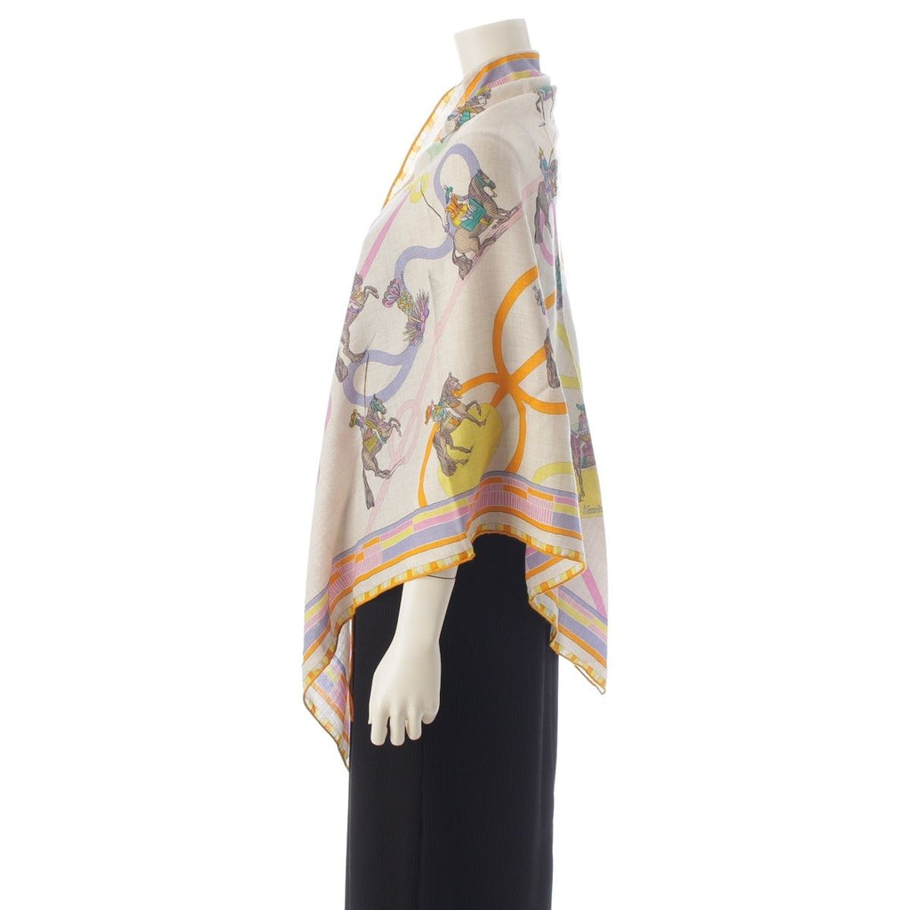 Hermes Triangle Geant Cashmere Silk Passades Et Serpentines Shawl Orange Beige — view 3