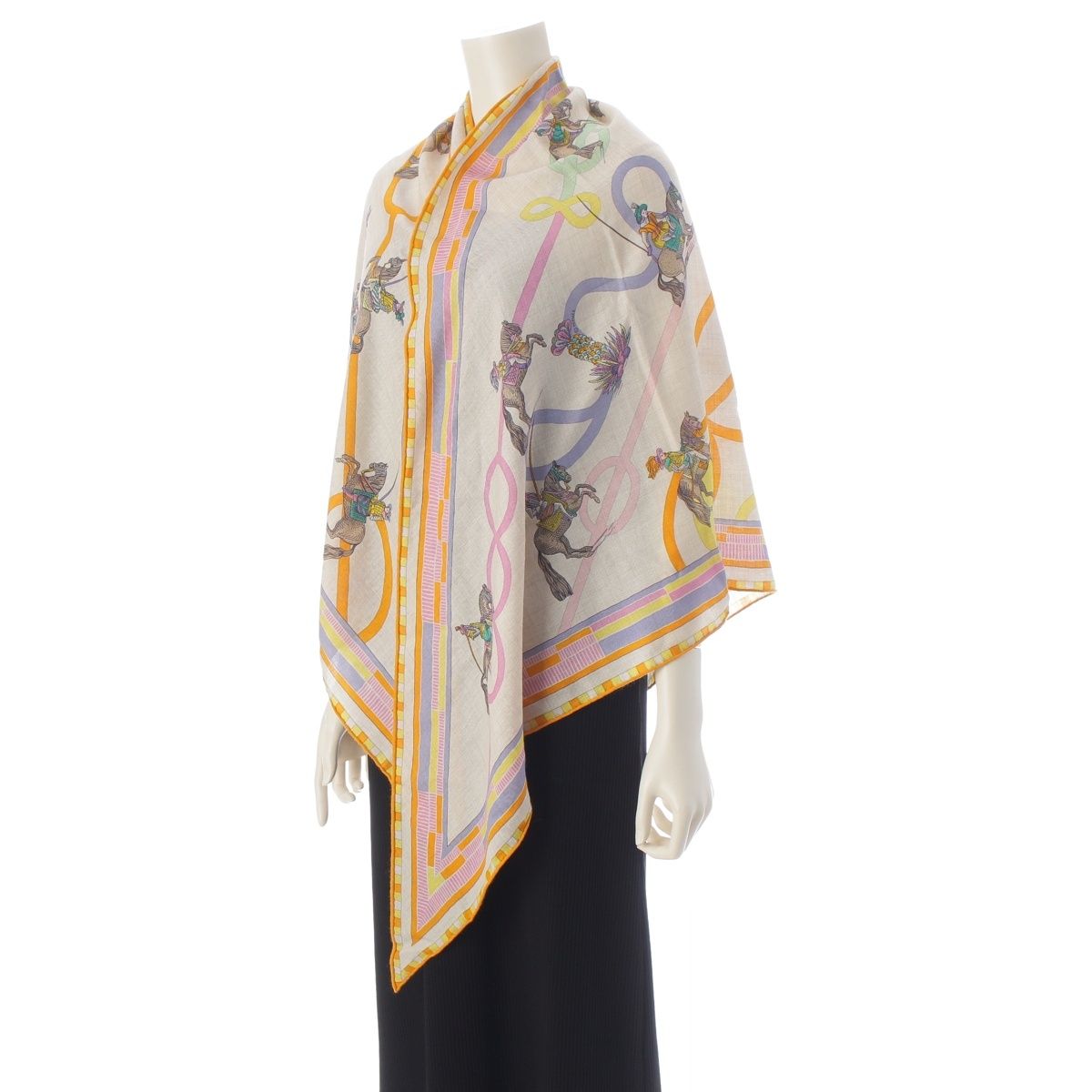 Hermes Triangle Geant Cashmere Silk Passades Et Serpentines Shawl Orange Beige — view 2