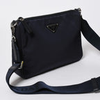 Prada Shoulder Bag Triangle Logo Nylon Leather Navy Silver — view 3