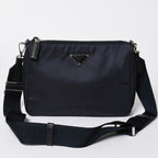 Prada Shoulder Bag Triangle Logo Nylon Leather Navy Silver