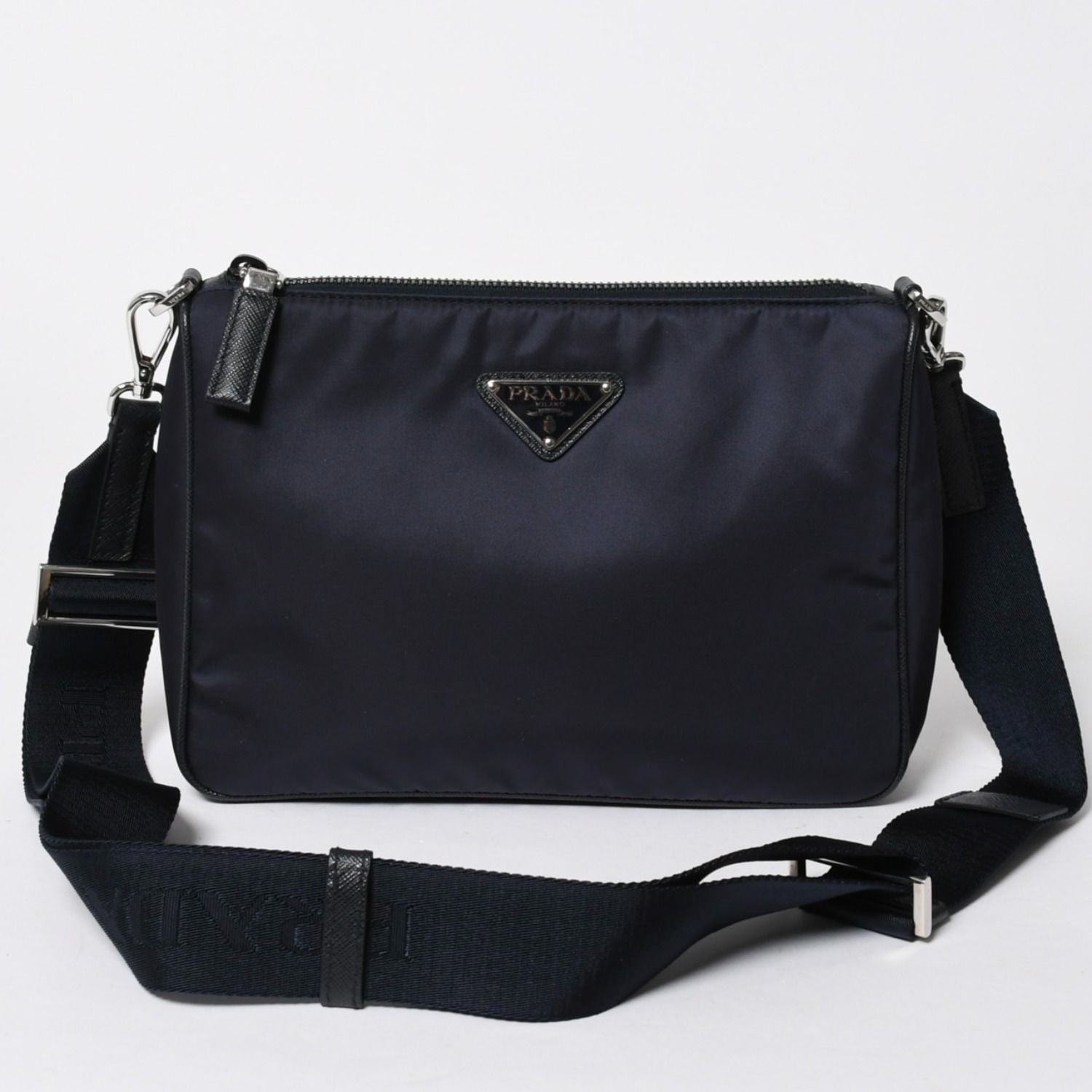 Prada Shoulder Bag Triangle Logo Nylon Leather Navy Silver
