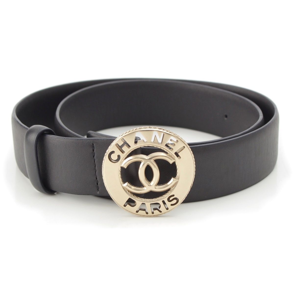 Chanel CC Logo Circle Leather Belt Black 75/30