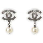 Chanel CC Logo Rhinestone Pearl Earrings Black — view 2