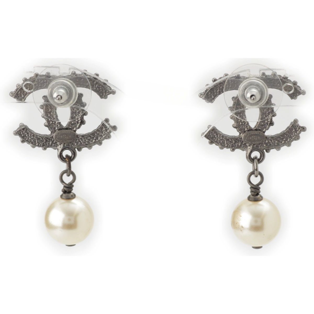 Chanel CC Logo Rhinestone Pearl Earrings Black — view 2