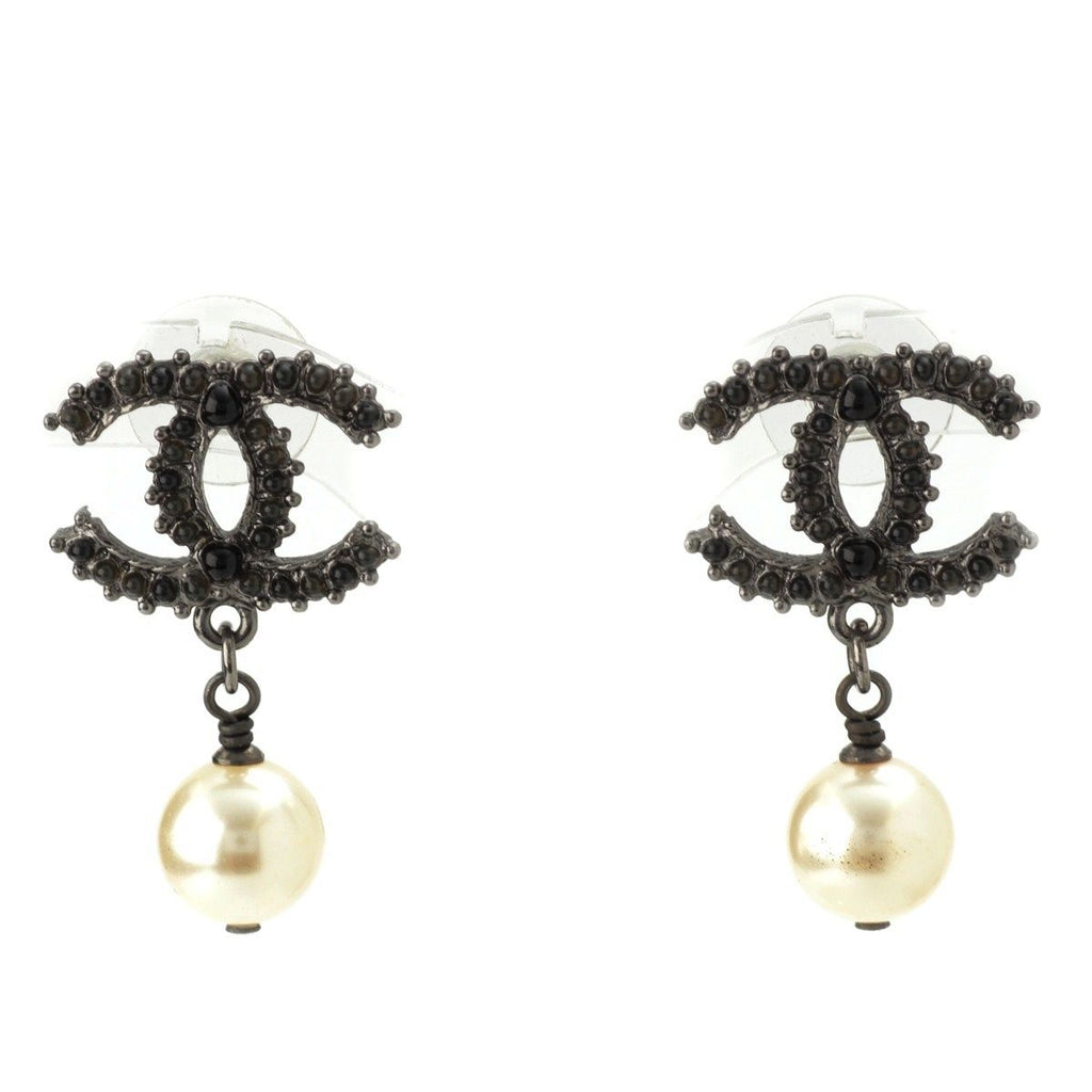 Chanel CC Logo Rhinestone Pearl Earrings Black