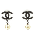 Chanel CC Logo Rhinestone Pearl Earrings Black