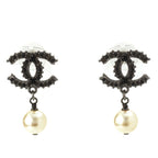 Chanel CC Logo Rhinestone Pearl Earrings Black
