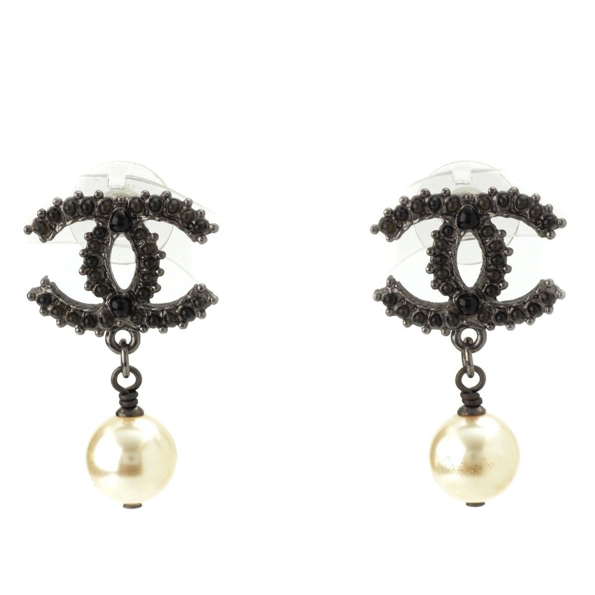 Chanel CC Logo Rhinestone Pearl Earrings Black