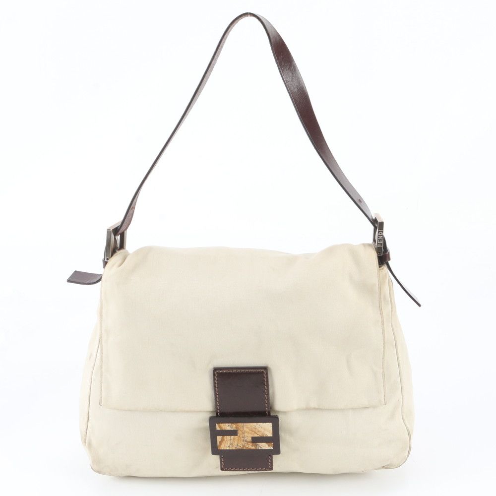 Fendi Mamma Bucket Baguette FF Leather Canvas Shoulder Bag