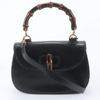 Gucci Bamboo Leather 2-Way Shoulder Bag Crossbody Hand Black