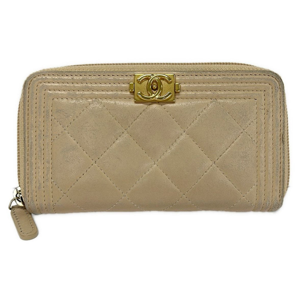 Chanel Wallet Boy Beige Gold Zip Around Lambskin