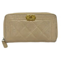 Chanel Wallet Boy Beige Gold Zip Around Lambskin