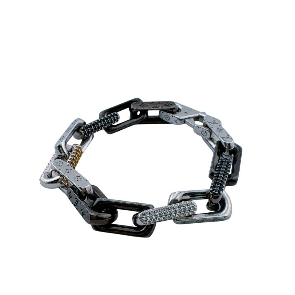 Louis Vuitton Chain Bracelet Monogram M Stainless Steel Silver Black Zircon