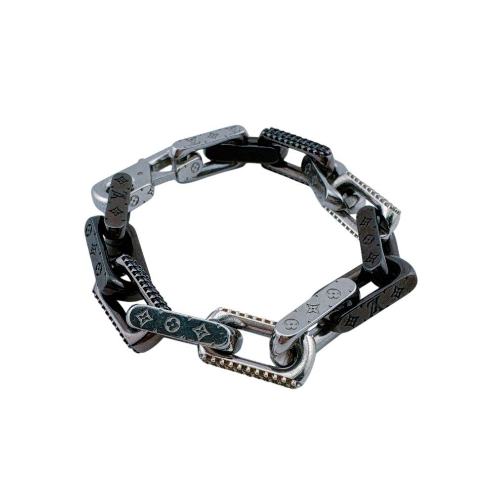 Louis Vuitton Chain Bracelet Monogram M Stainless Steel Silver Black Zircon