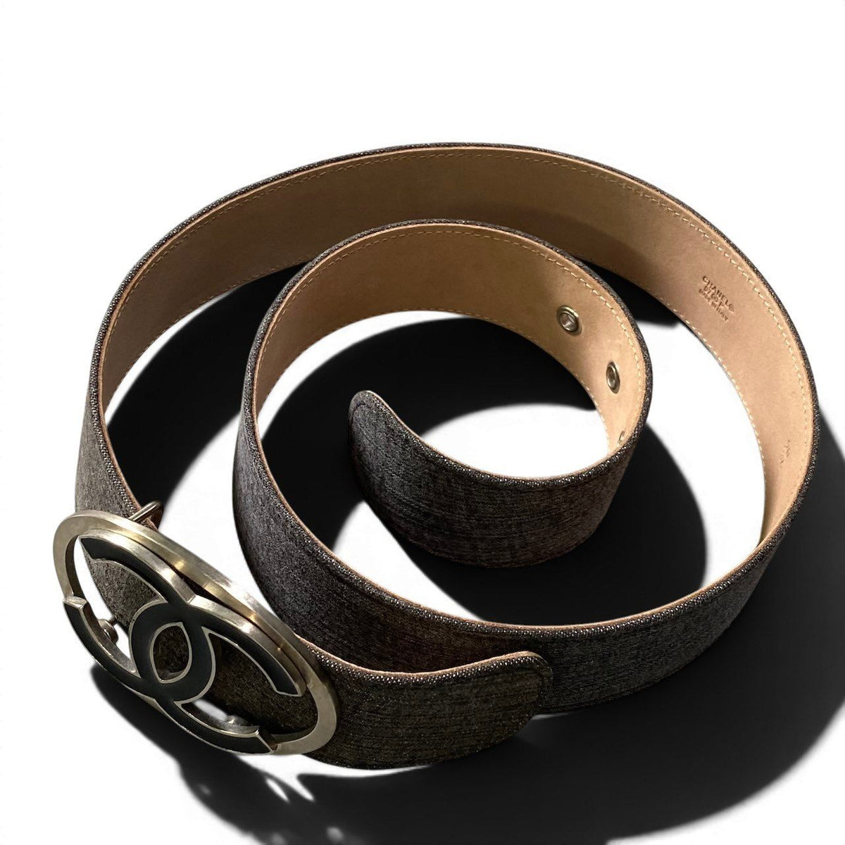 Chanel 07P CC Logo Buckle Denim Leather Belt 36/90 Gray — view 3