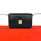 Celine Vintage Triomphe Logo Turnlock Leather Shoulder Bag Pochette Black