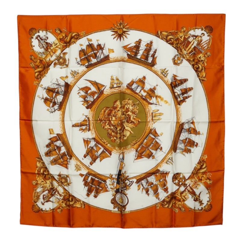 Hermes Carre 90 Silhouettes Navales Navy Silhouette Scarf Large Format Camel