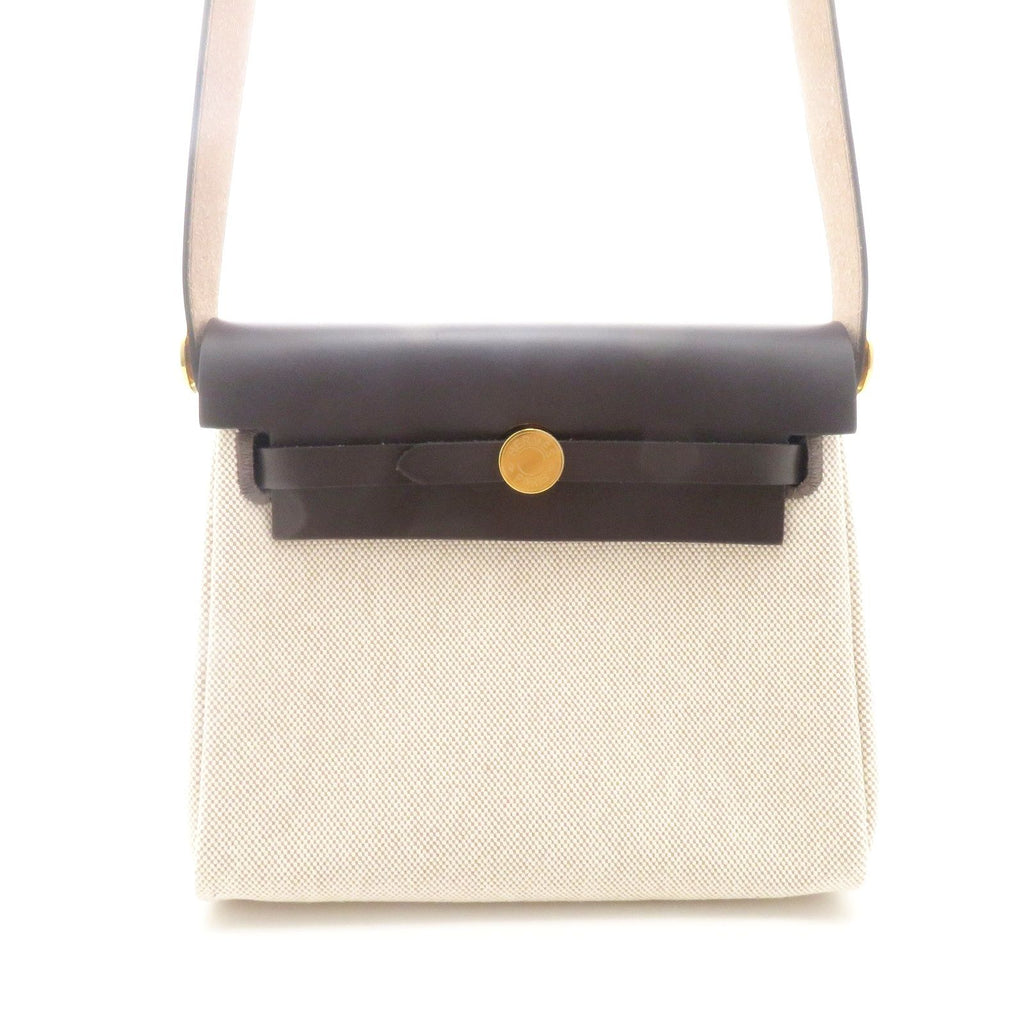 Hermes Herbag Zip Mini Natural Dark Brown Silver Shoulder Bag Canvas