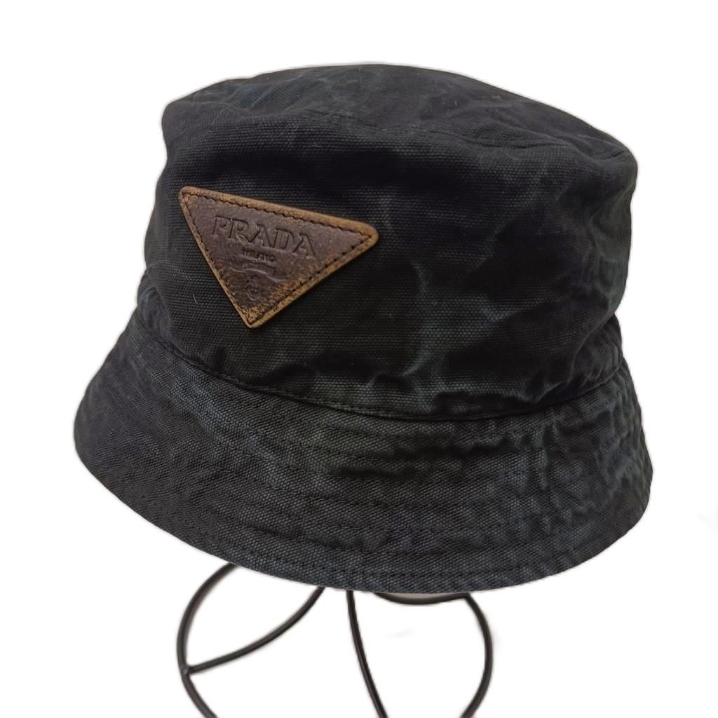 Prada Cotton Bucket Hat Vintage Wash Logo XXL Black