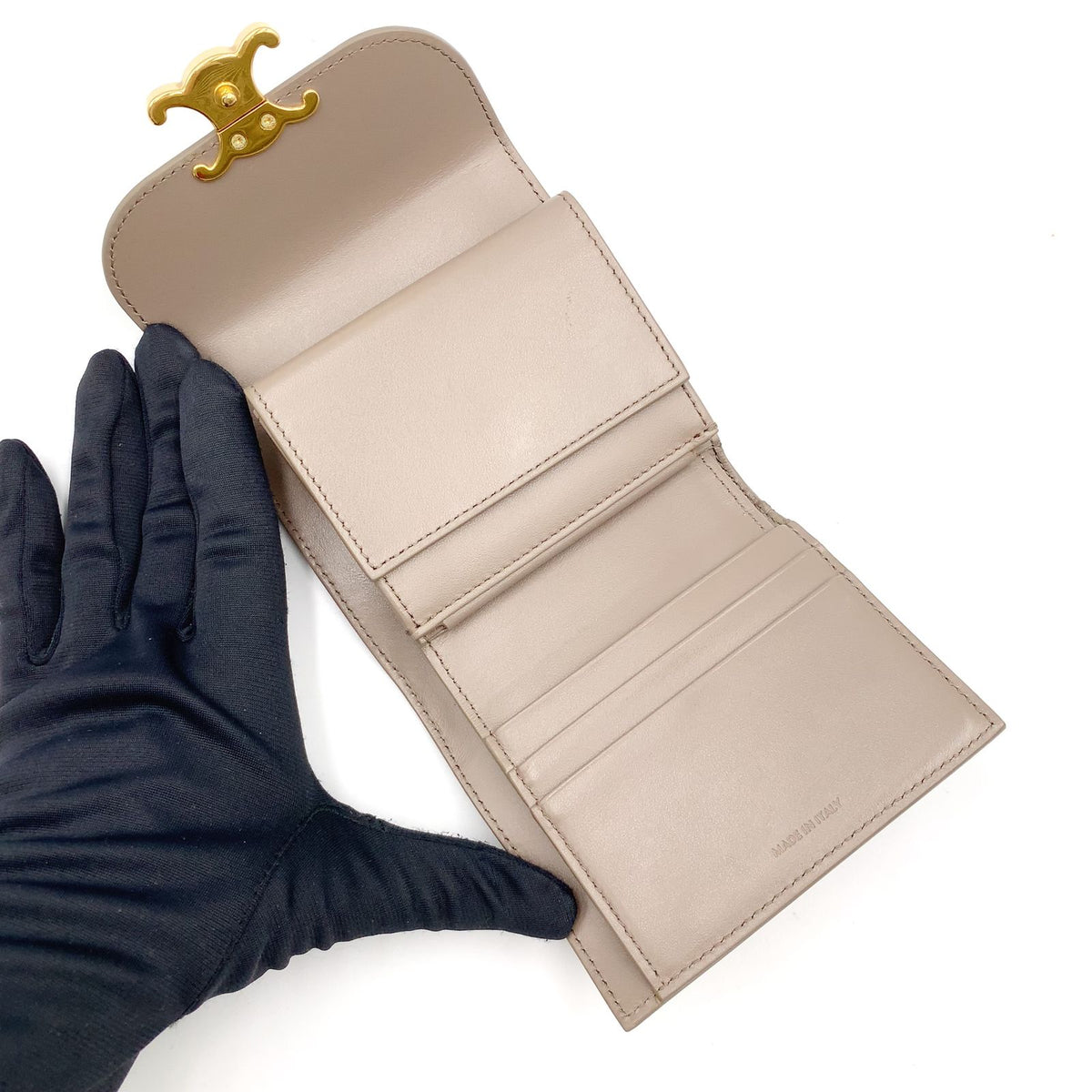 Celine Triomphe Small Flap Leather Gray Beige Trifold Wallet Gold — view 3
