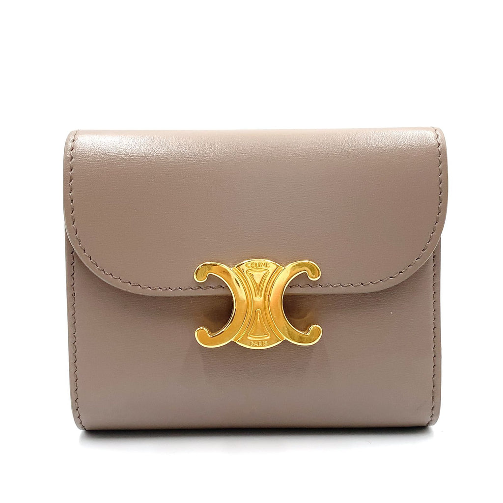 Celine Triomphe Small Flap Leather Gray Beige Trifold Wallet Gold