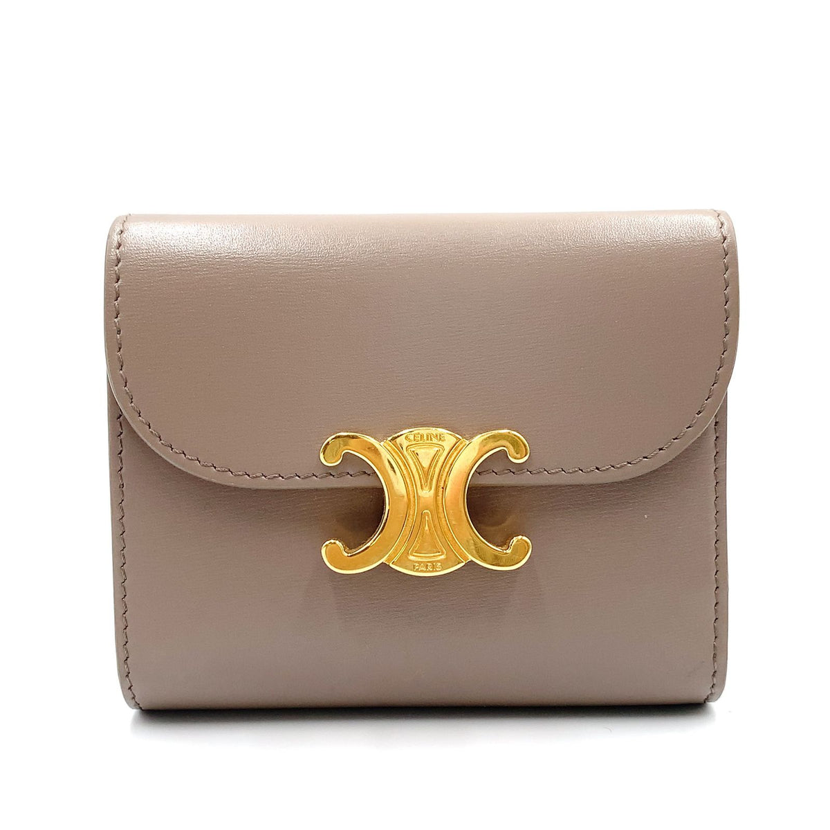 Celine Triomphe Small Flap Leather Gray Beige Trifold Wallet Gold