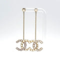 Chanel CC Logo Rhinestone Pearl Faux Off White Clear Gold Earrings